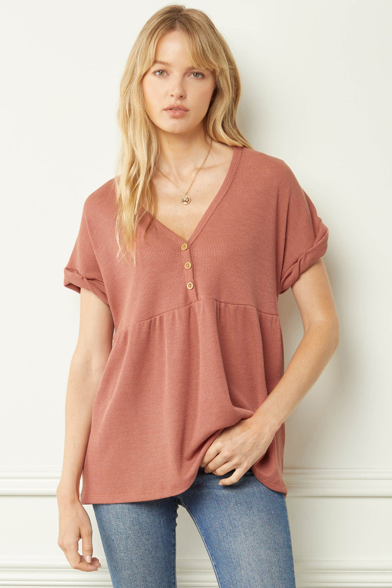 Rust waffleknit babydoll top