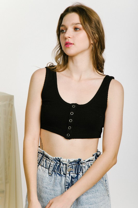 Black button cropped top