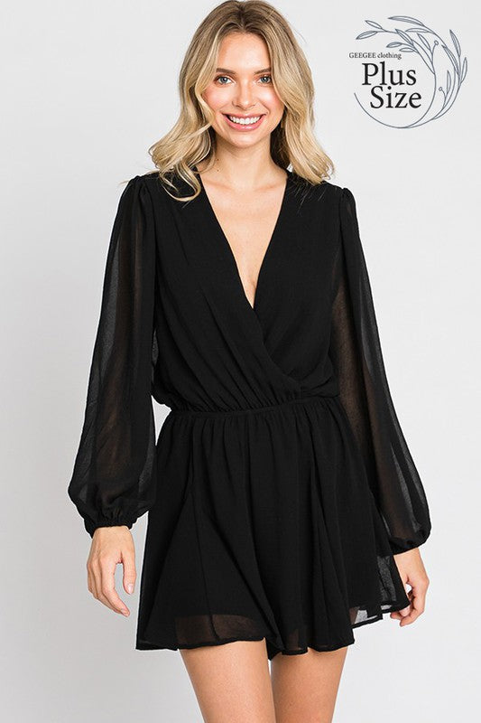 Curvy dressy surplice romper with balloon sleeve