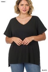 Curvy basic ribbed v-neck top