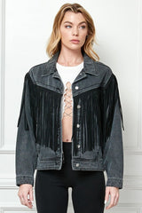 Black Denim Jacket With Suede Fringe