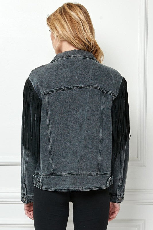 Black Denim Jacket With Suede Fringe