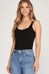 Black ribbed bodysuit with ruffle shoulder