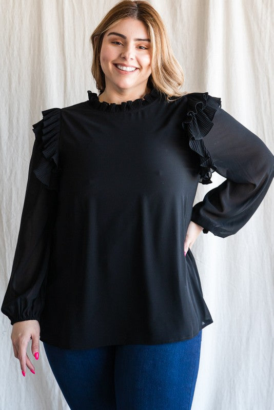 Curvy black dressy top with ruffle detail