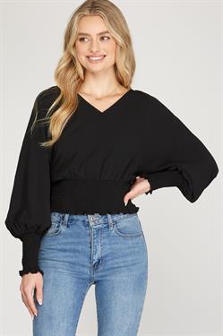 V-neck dolman sleeve smocked top