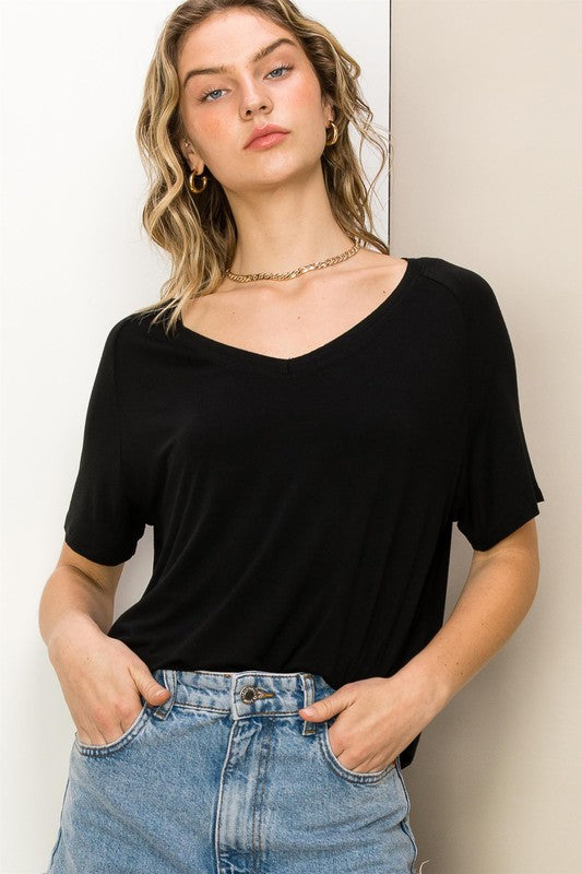 Basic V-Neck Stitched Hem Top
