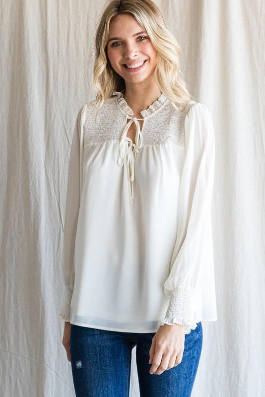 Cream smocked detail top