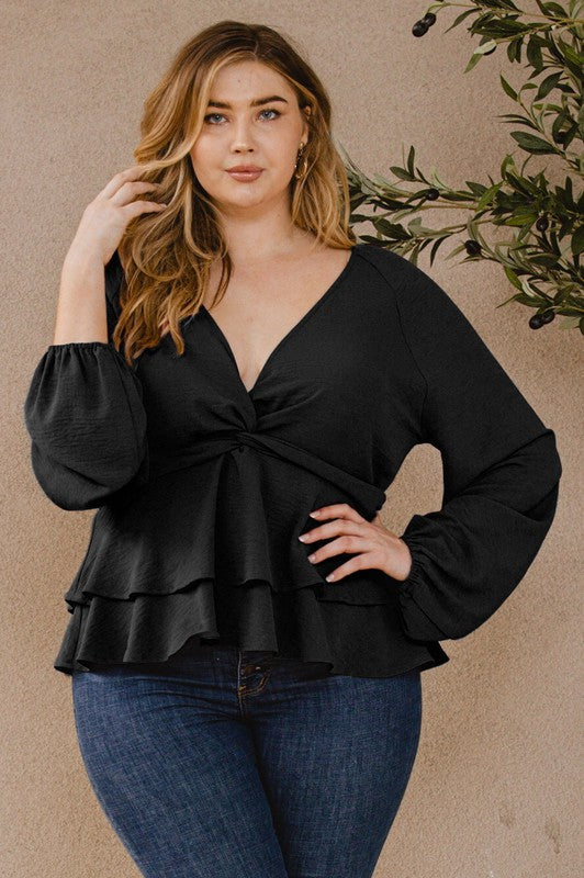 Curvy black front knot top