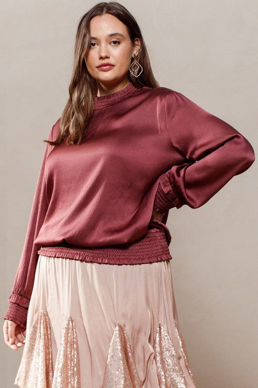 Curvy marsala top with smocked detail