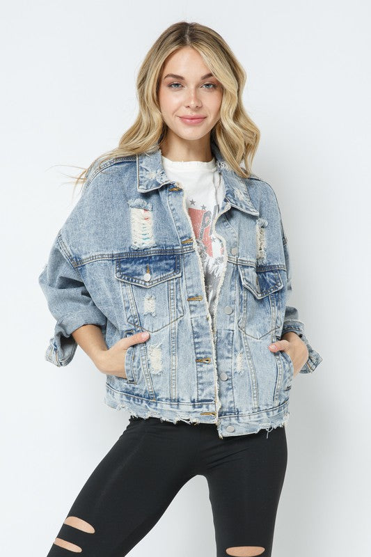 Denim distressed boyfriend jacket