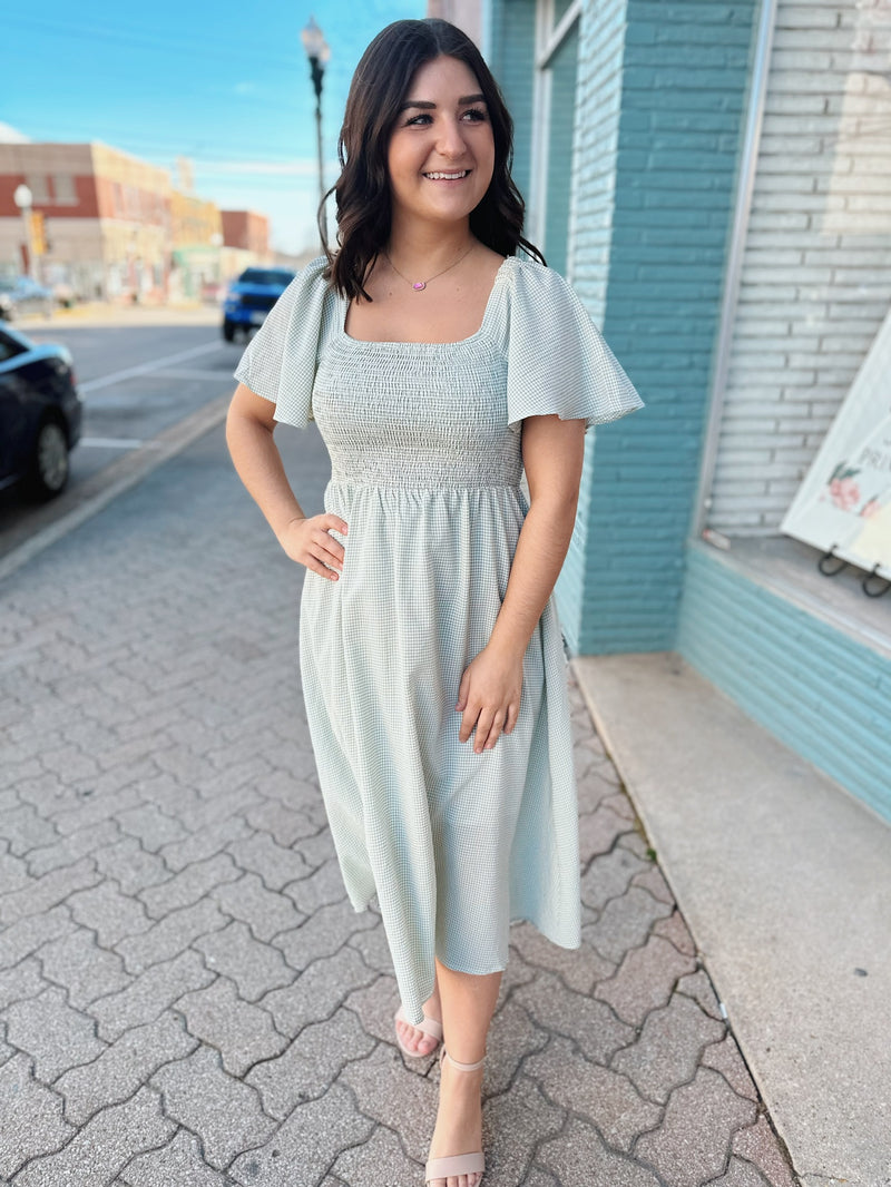 Sage Gingham Smocked Midi Dress