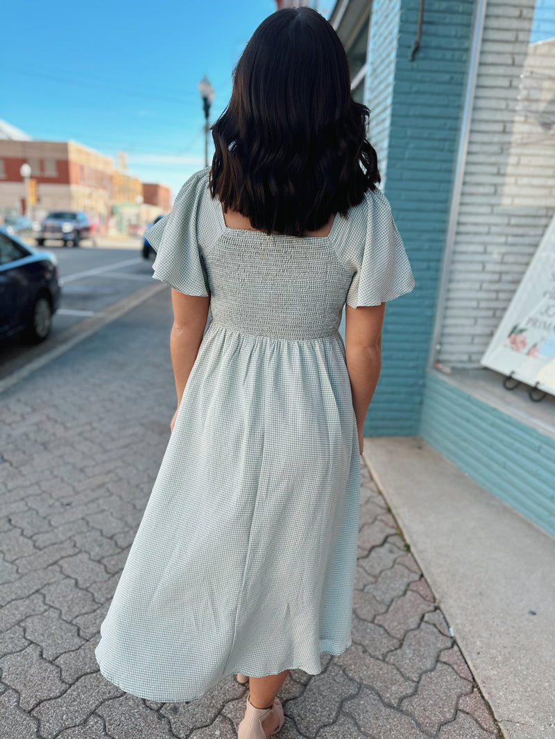 Sage Gingham Smocked Midi Dress