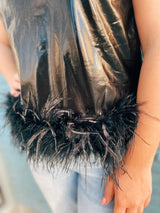 Faux leather top with feathers black