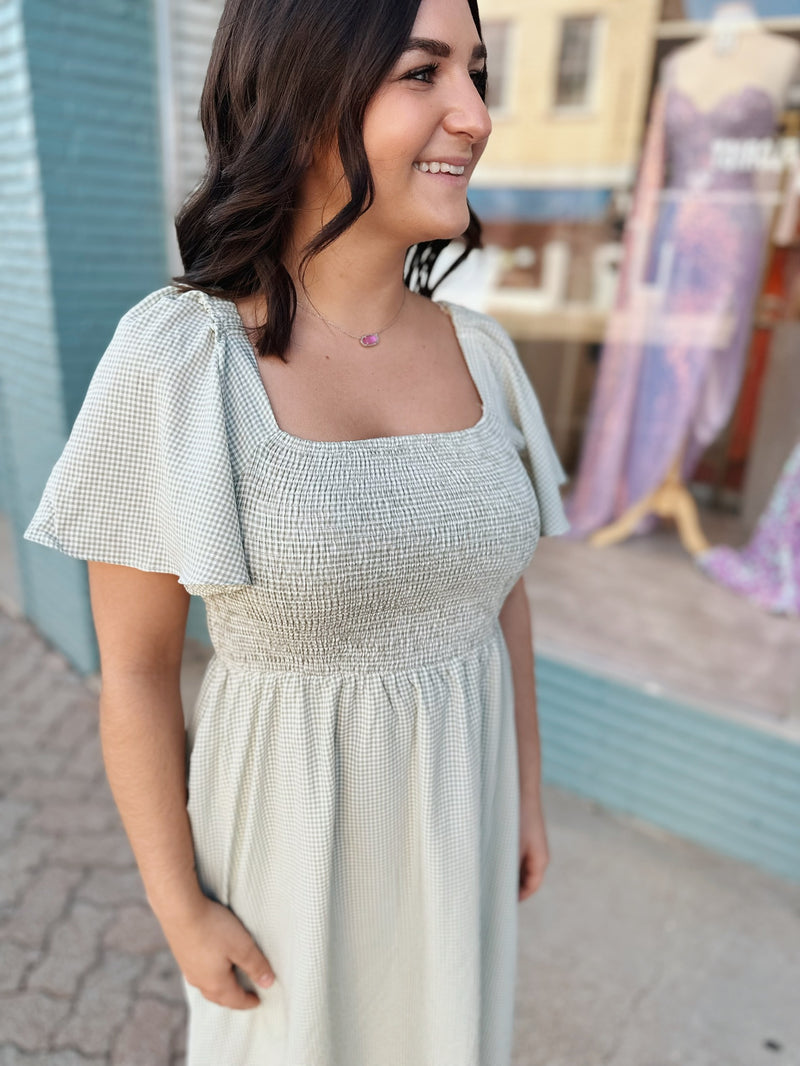 Sage Gingham Smocked Midi Dress