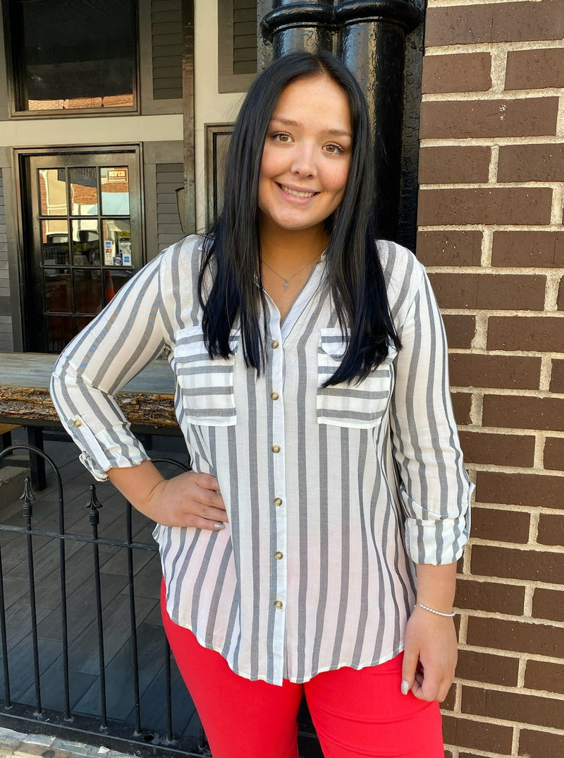 Ivory Striped Button Down Top