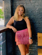 Faux leather rhinestone fringe skirt