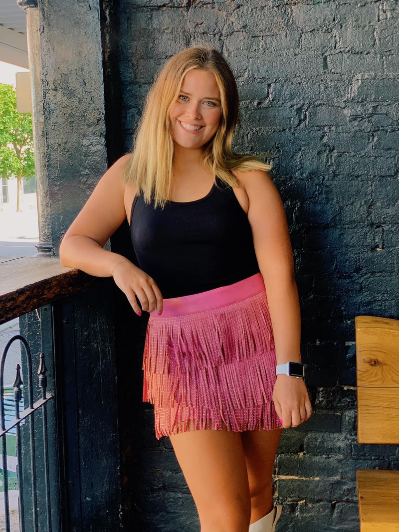 Faux leather rhinestone fringe skirt