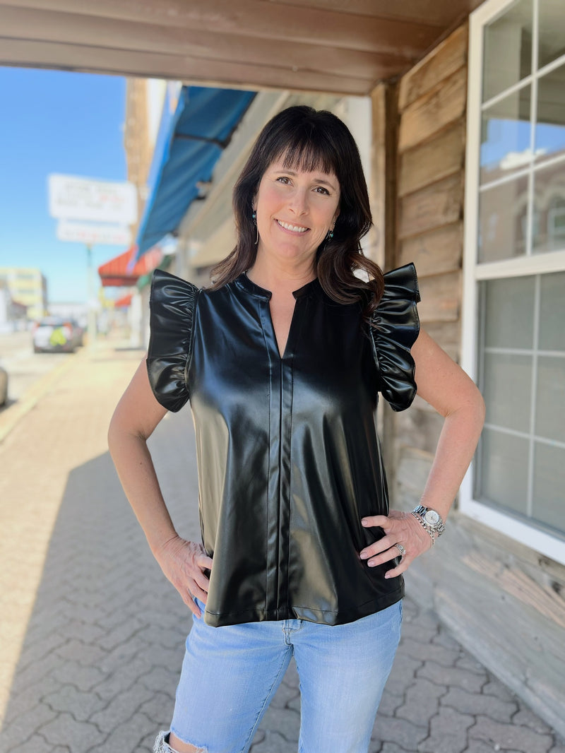 Faux Leather V-Neck Top