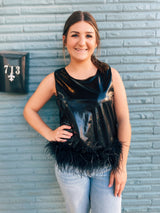 Faux leather top with feathers black