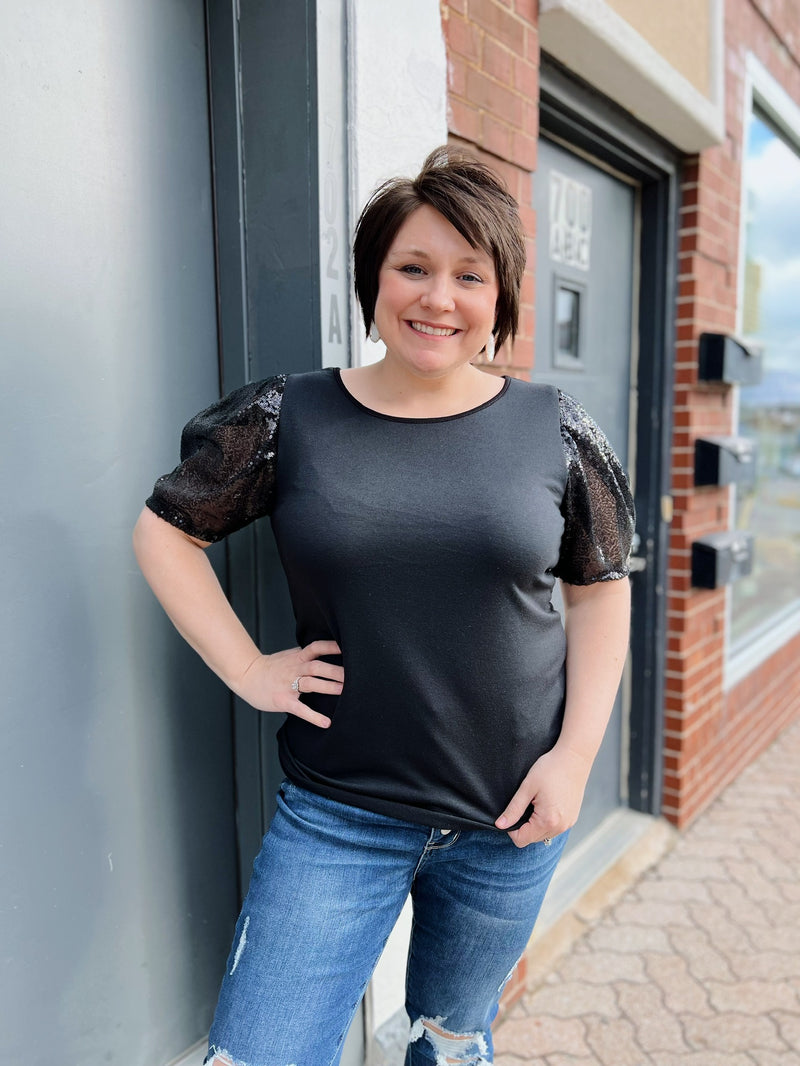 Black round neck sequin top