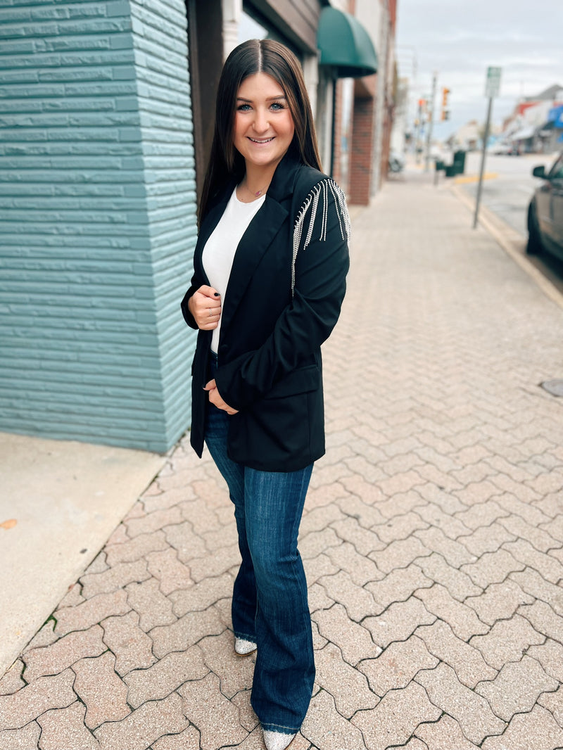 Black sequin fringe detail blazer