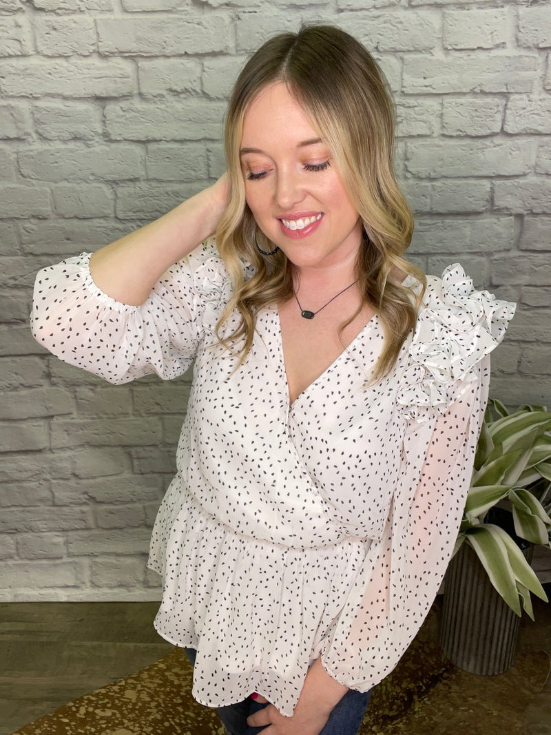 White chiffon spotted top with ruffles