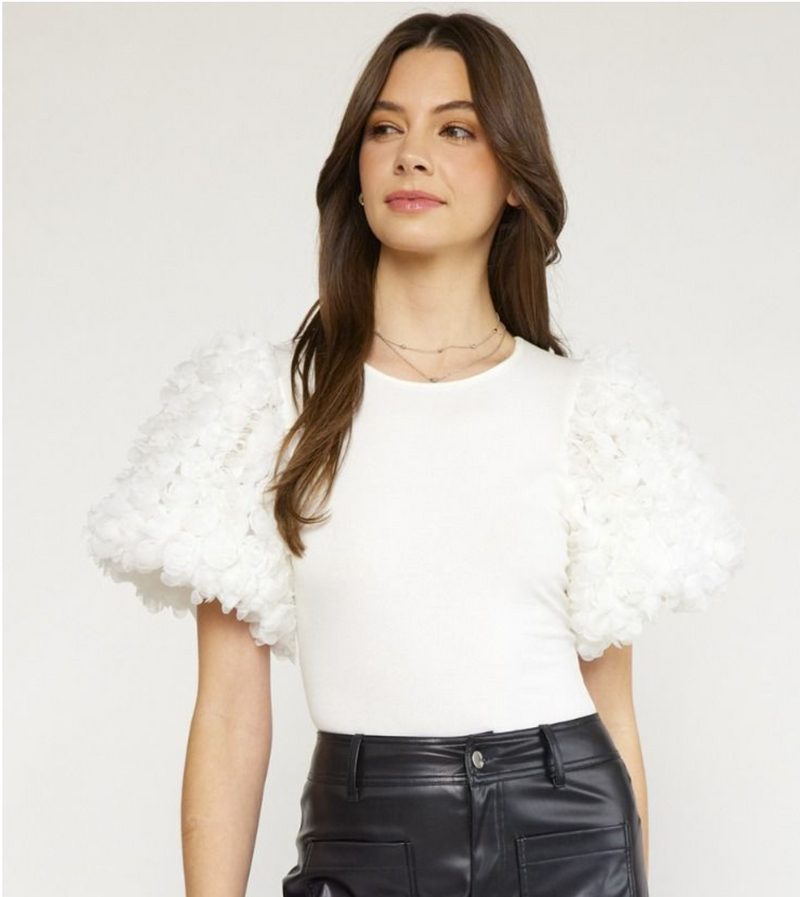 Tulled Floral Detail Puff Sleeve Bodysuit