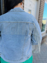 Denim jacket with sequins and fringe