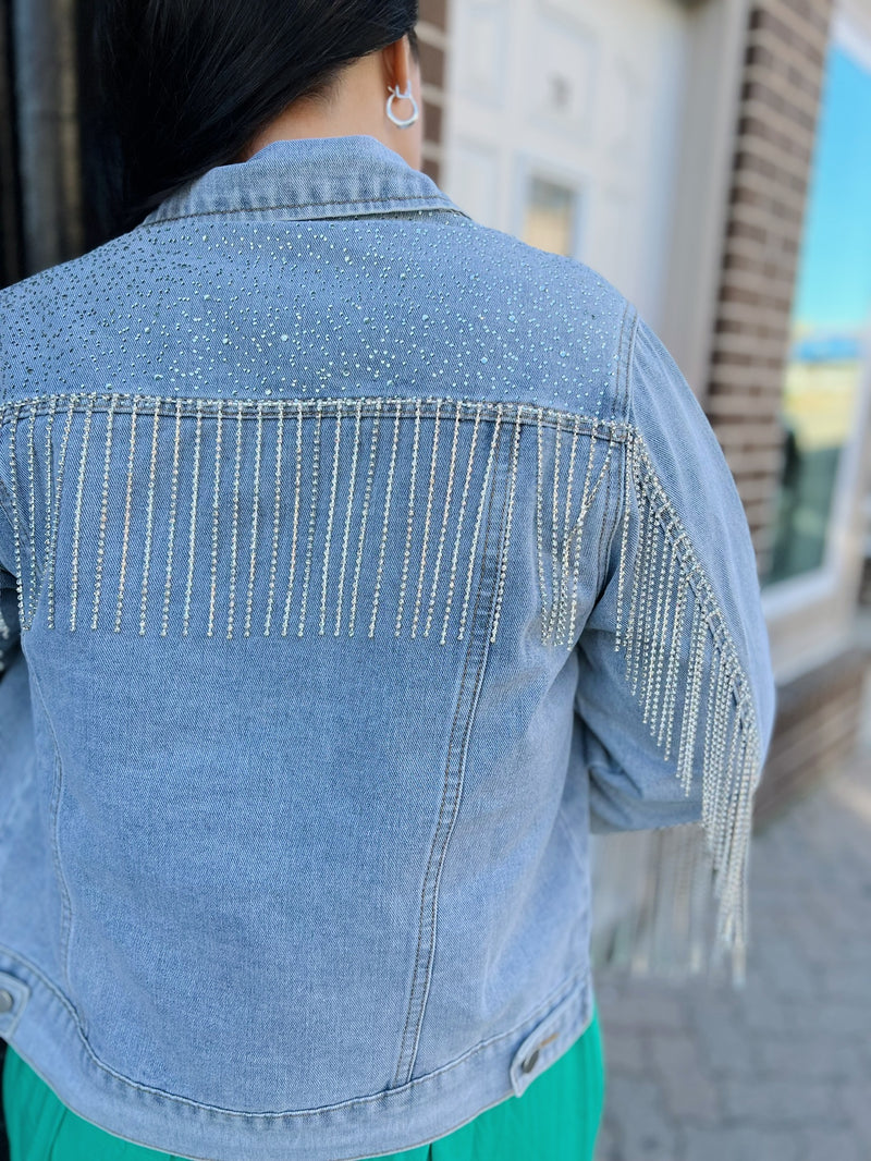 Denim jacket with sequins and fringe
