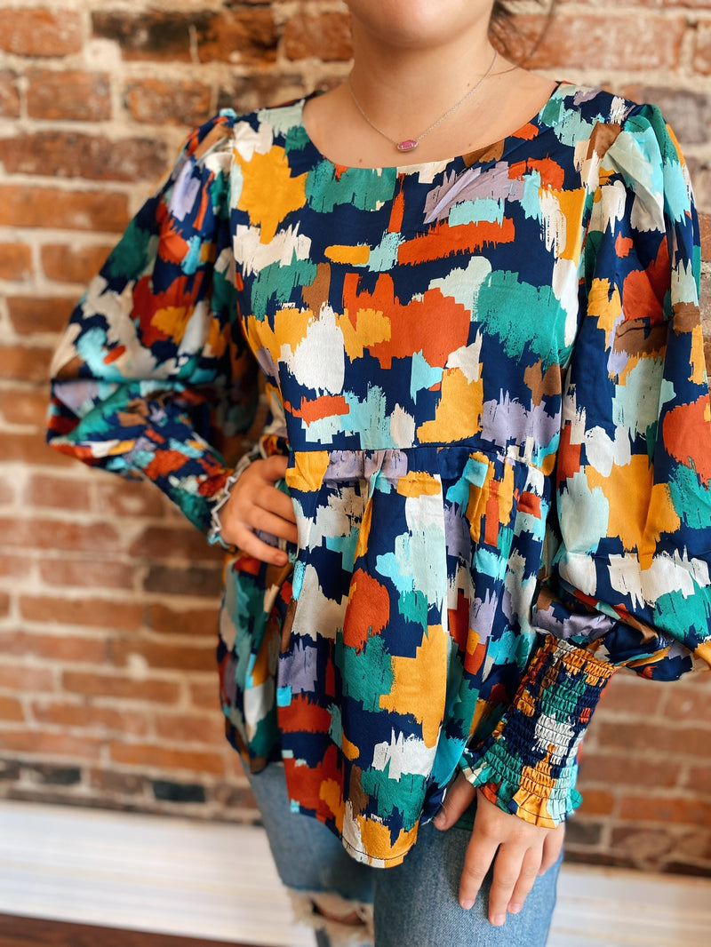 Navy multi color silk top