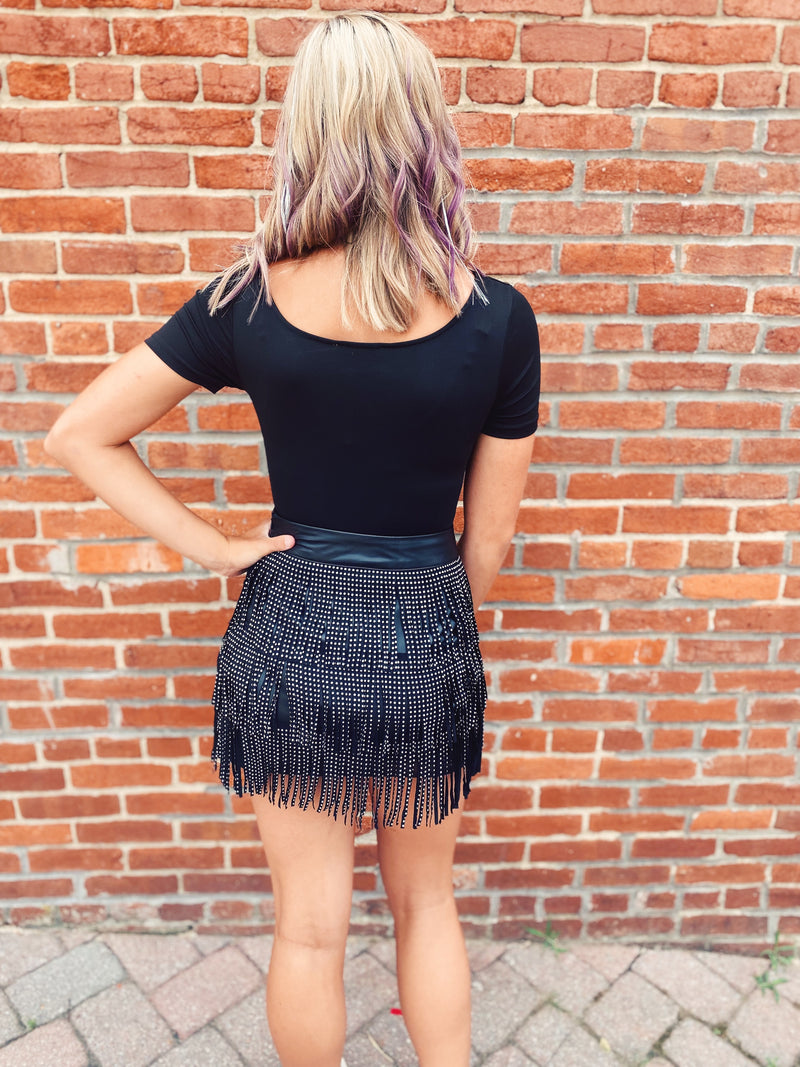 Faux leather rhinestone fringe skirt