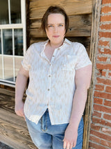 Curvy Ivory/Tan Button Up Top