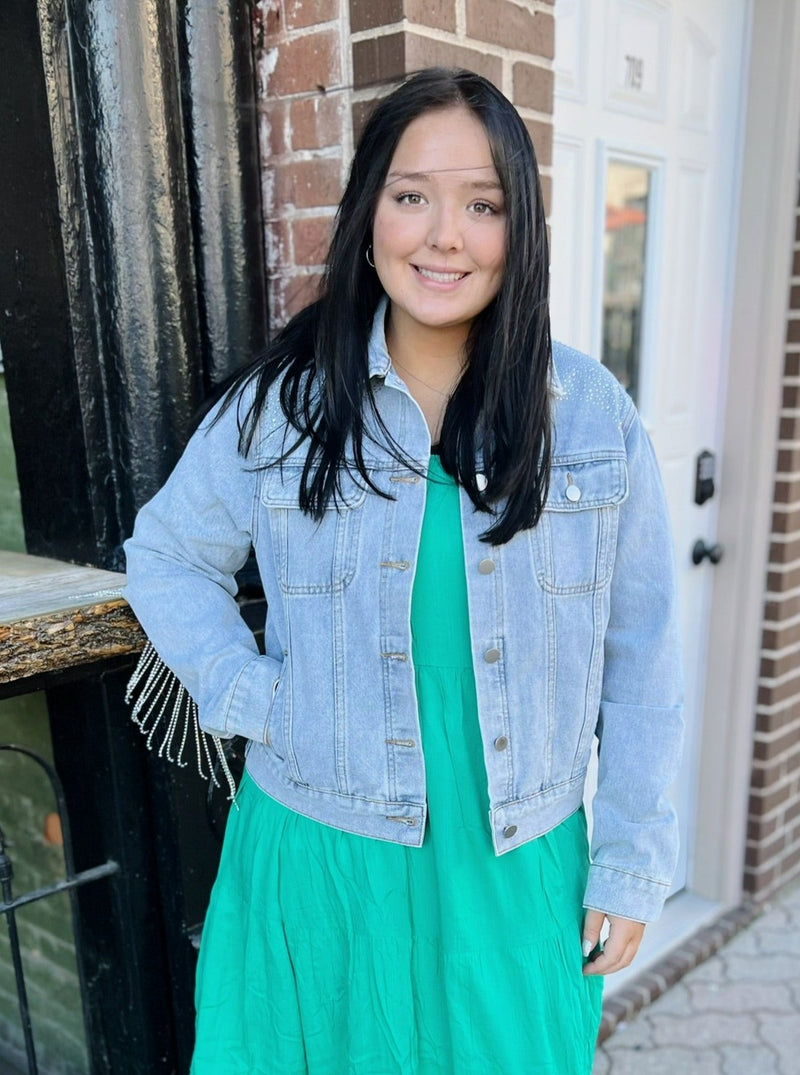 Denim jacket with sequins and fringe