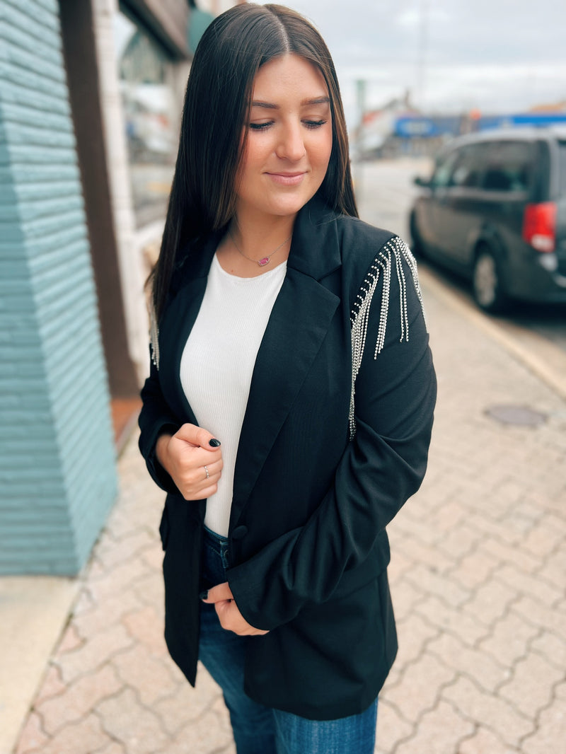 Black sequin fringe detail blazer