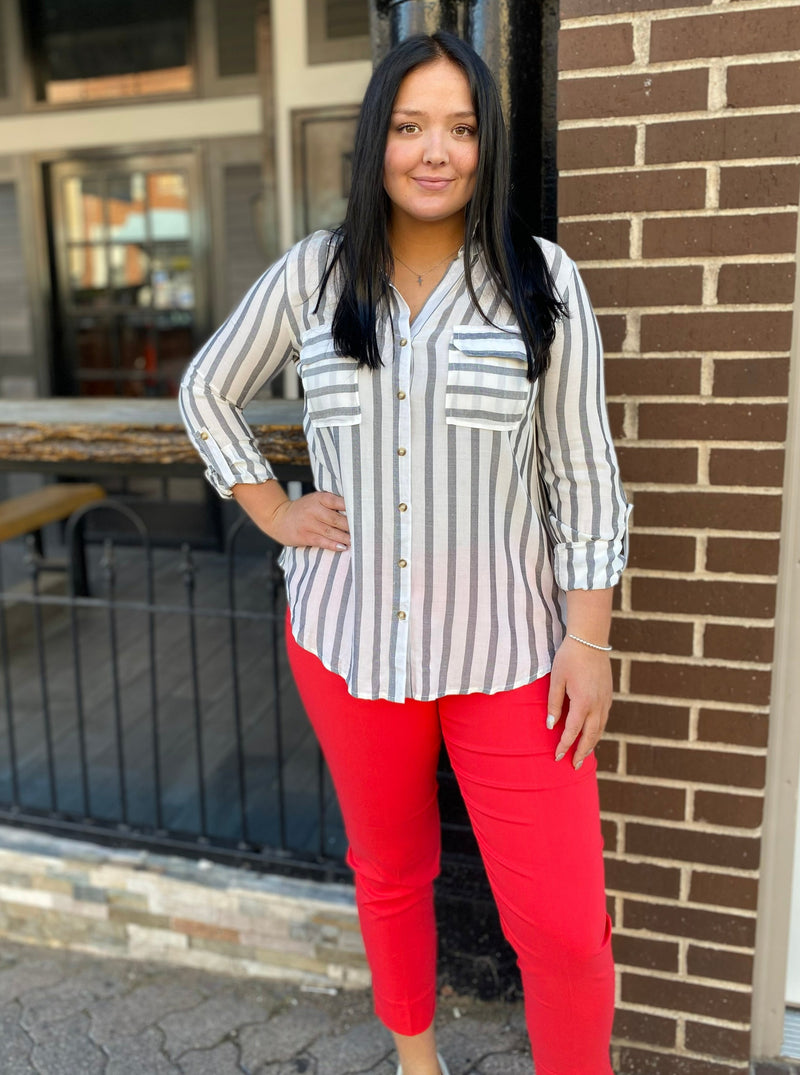 Ivory Striped Button Down Top