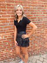 Faux leather rhinestone fringe skirt