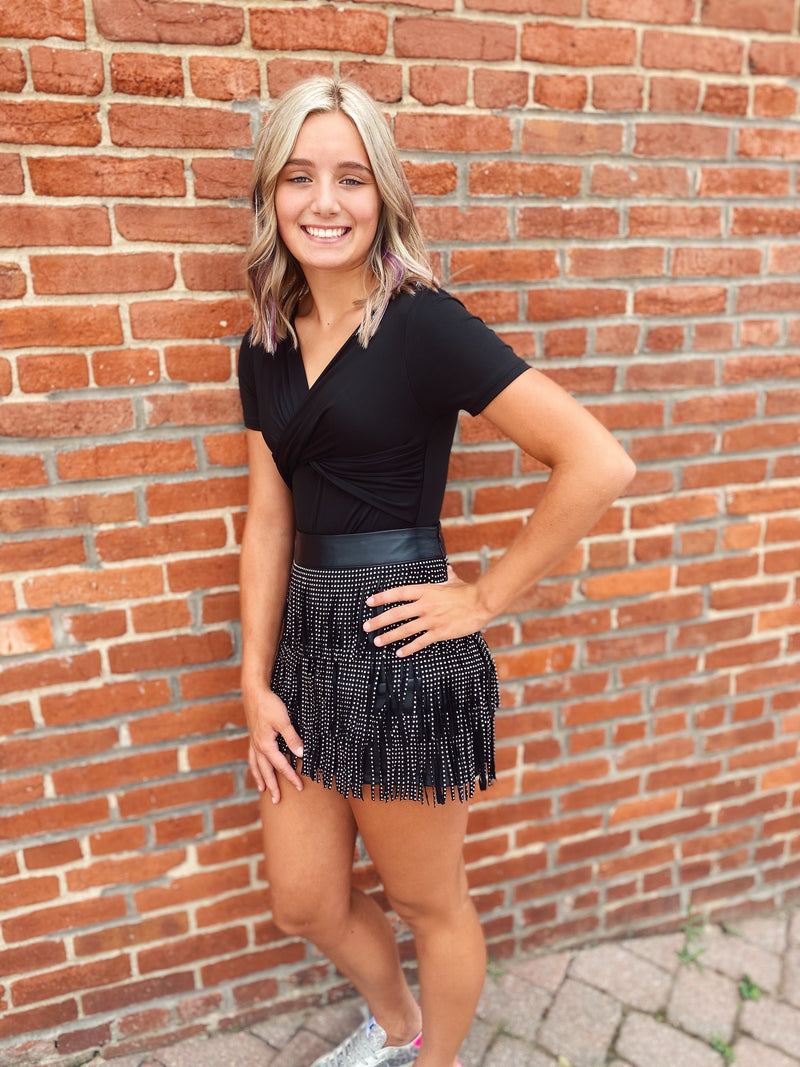 Faux leather rhinestone fringe skirt