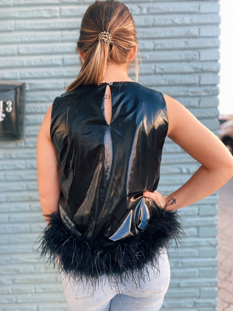 Faux leather top with feathers black