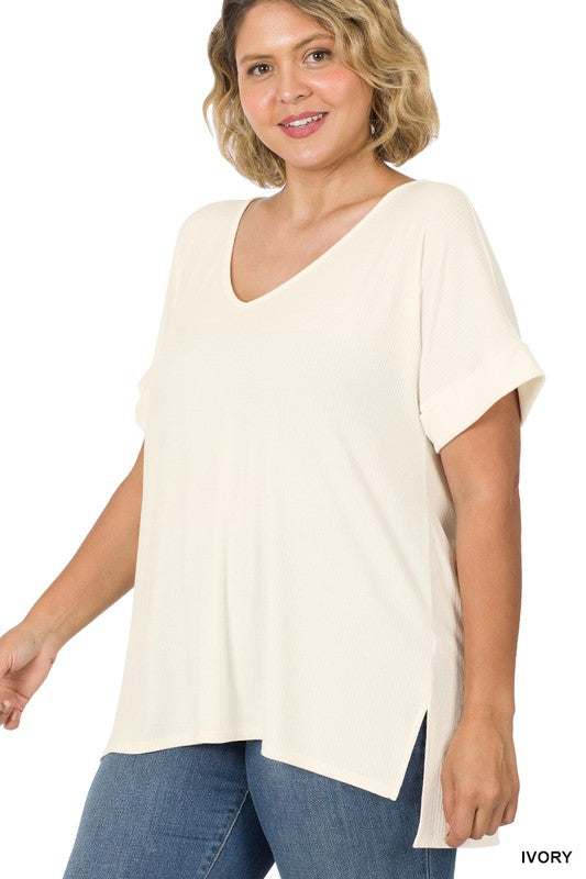 Curvy basic ribbed v-neck top