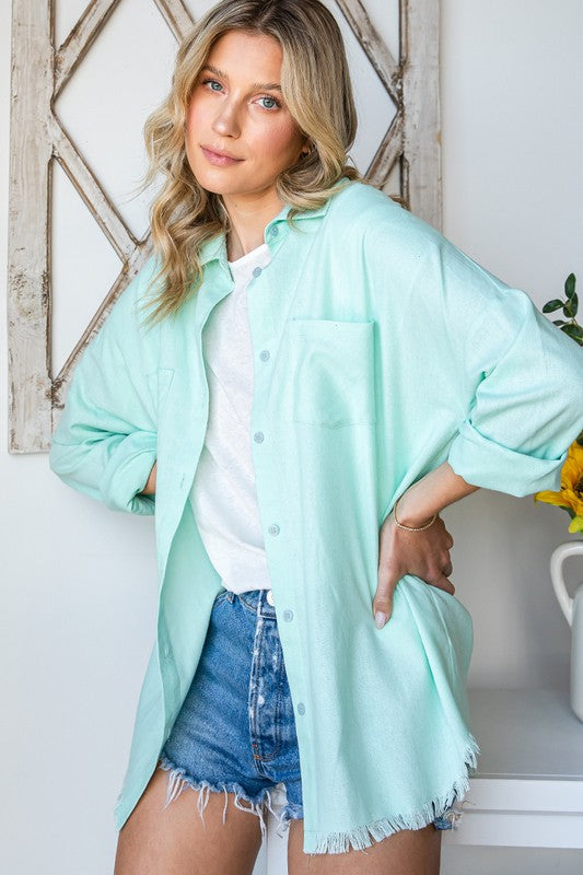 Curvy Mint Raw Hem Button Up Top