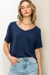 Basic V-Neck Stitched Hem Top