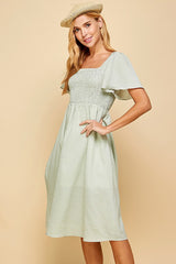 Sage Gingham Smocked Midi Dress