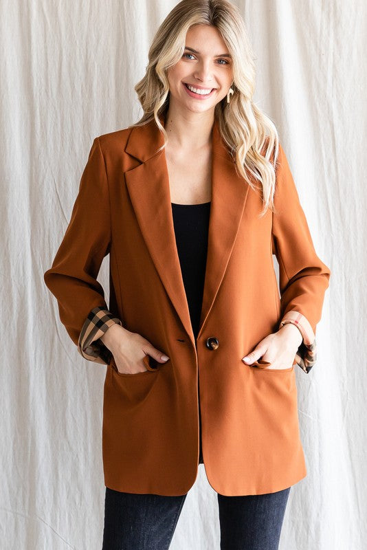 Caramel plaid detail blazer