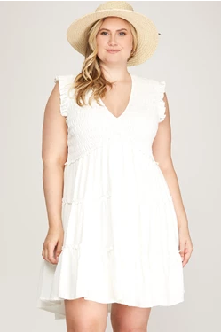 Curvy White Smocked Cap Sleeve Tiered Dress