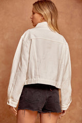 Curvy white denim jacket with pearls