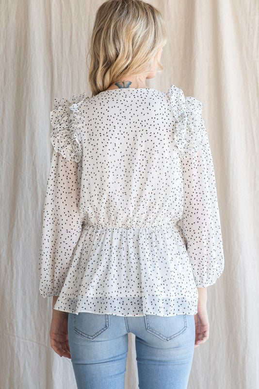 White chiffon spotted top with ruffles